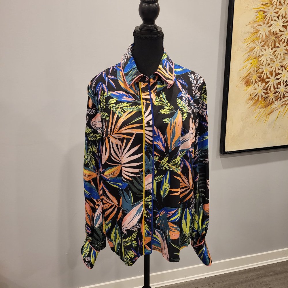 Long Sleeve Tropical Floral Office Button Down Blouse Large